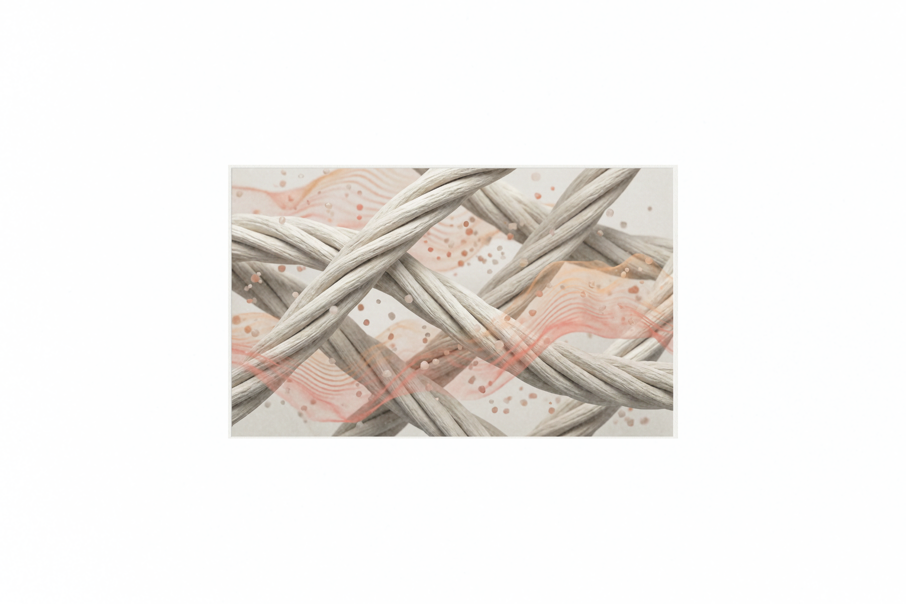 Interwoven collagen fibers with subtle inflammatory signaling depicted as soft wave patterns and particles, illustrating inflammaging and how chronic low-grade inflammation disrupts skin structure over time.