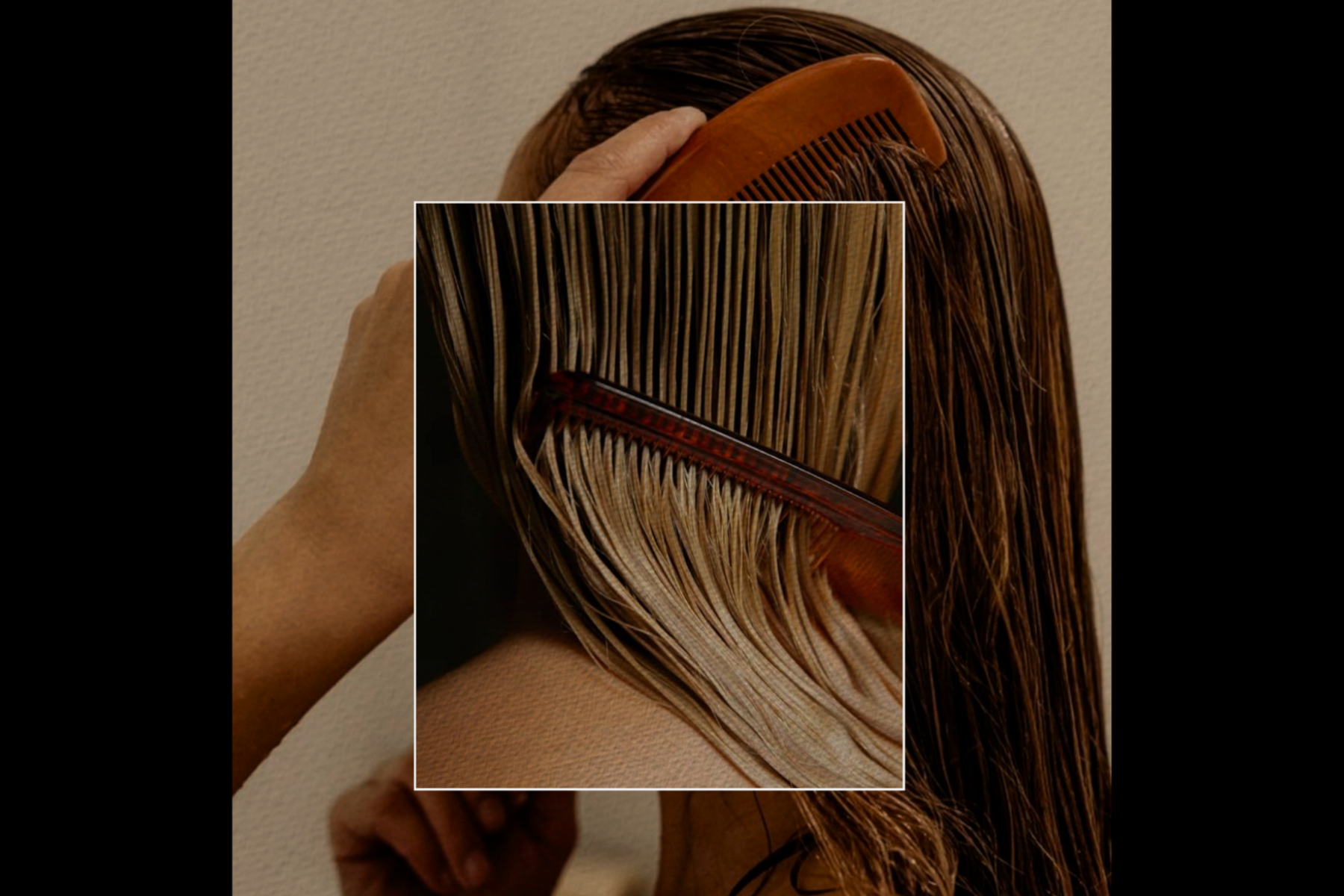 woman brushing her hair with a close up on hair and brush