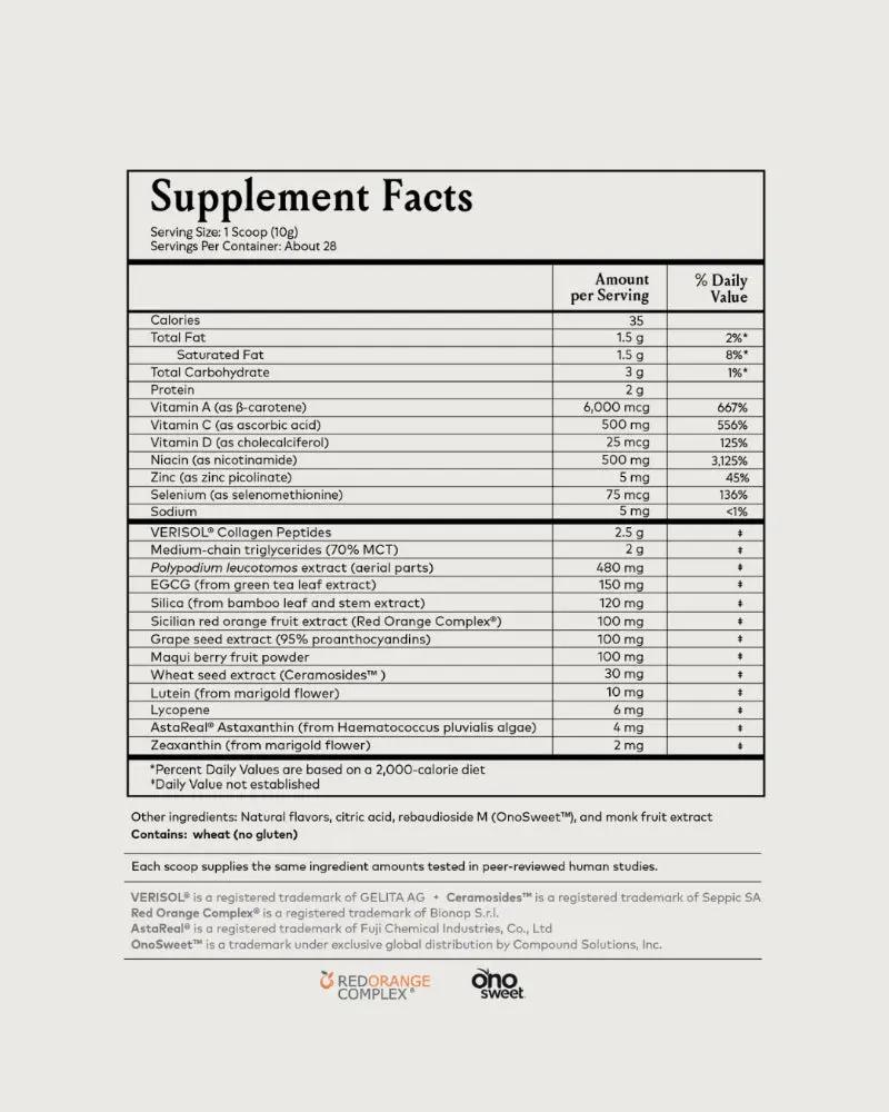 Advanced Skin Nutrition | Atika Wellness Supplement Facts label detailing natural ingredients, Ayurvedic herbs, and nutritional information for holistic skincare supplements promoting radiant skin, inner balance, and overall wellness.