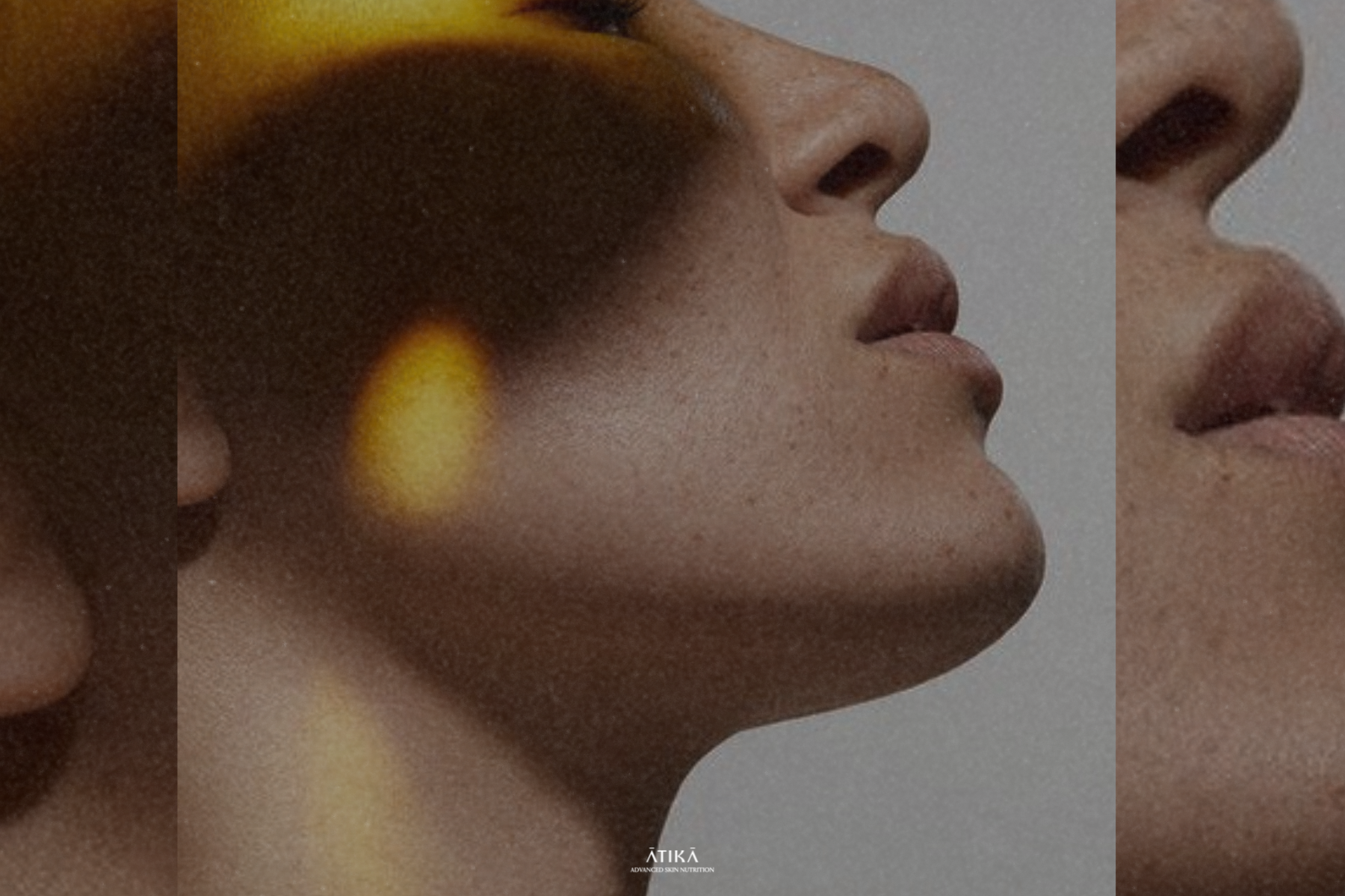 Close-up cropped images of a woman’s lower face under warm light, showing skin texture and tone with soft shadows.