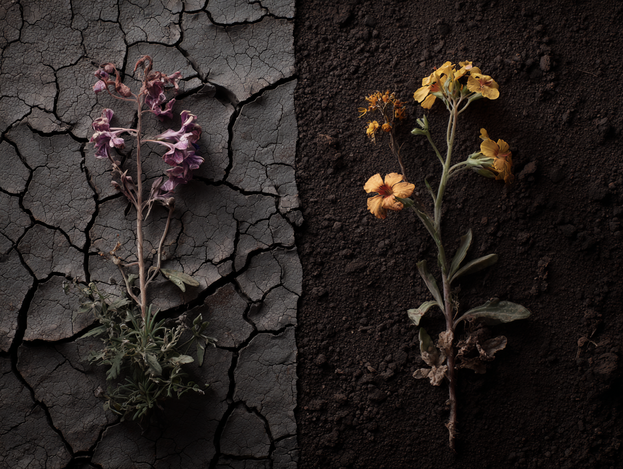 two plants side by side -- one on cracked dry soil, the other on healthy soil