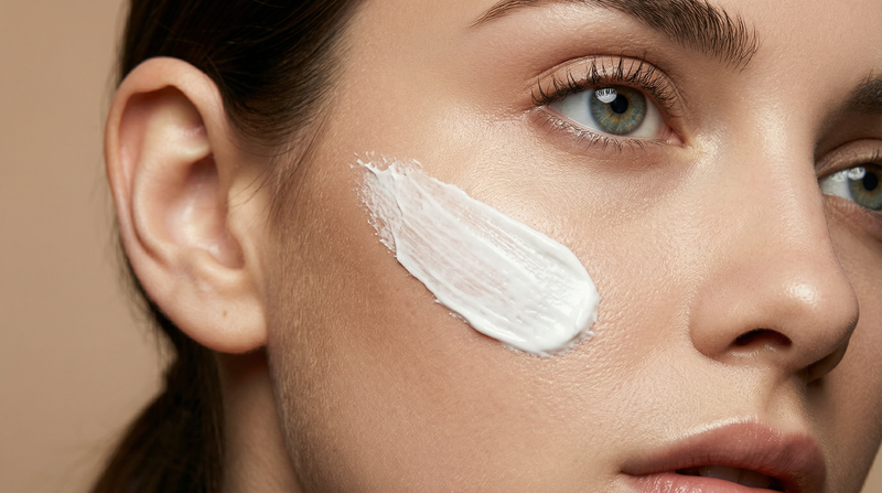 Woman applying sunscreen to her cheek, showing a visible streak of white sunscreen on the skin.