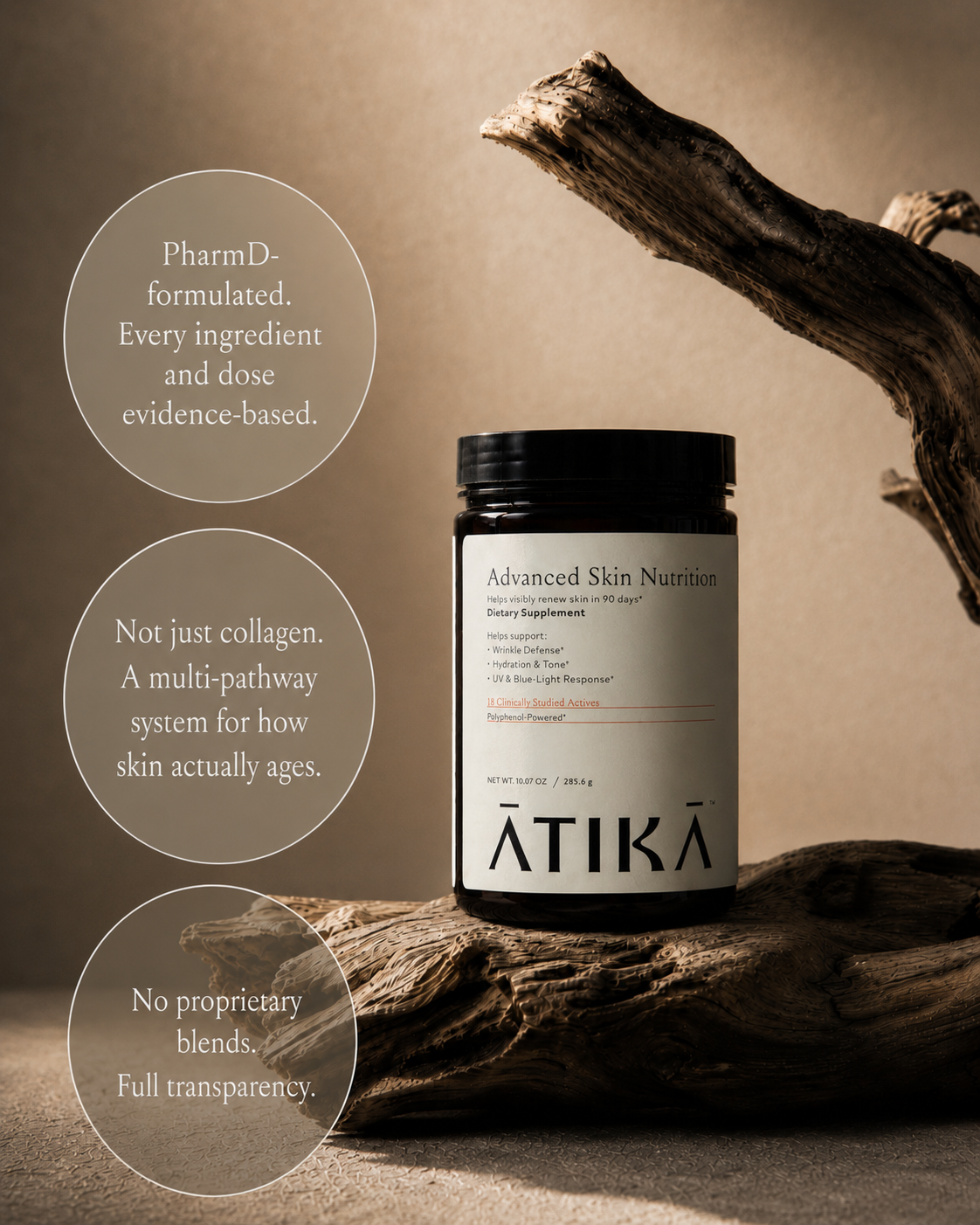 Atika Advanced Skin Nutrition powder container on a wooden surface with text about the product's features.