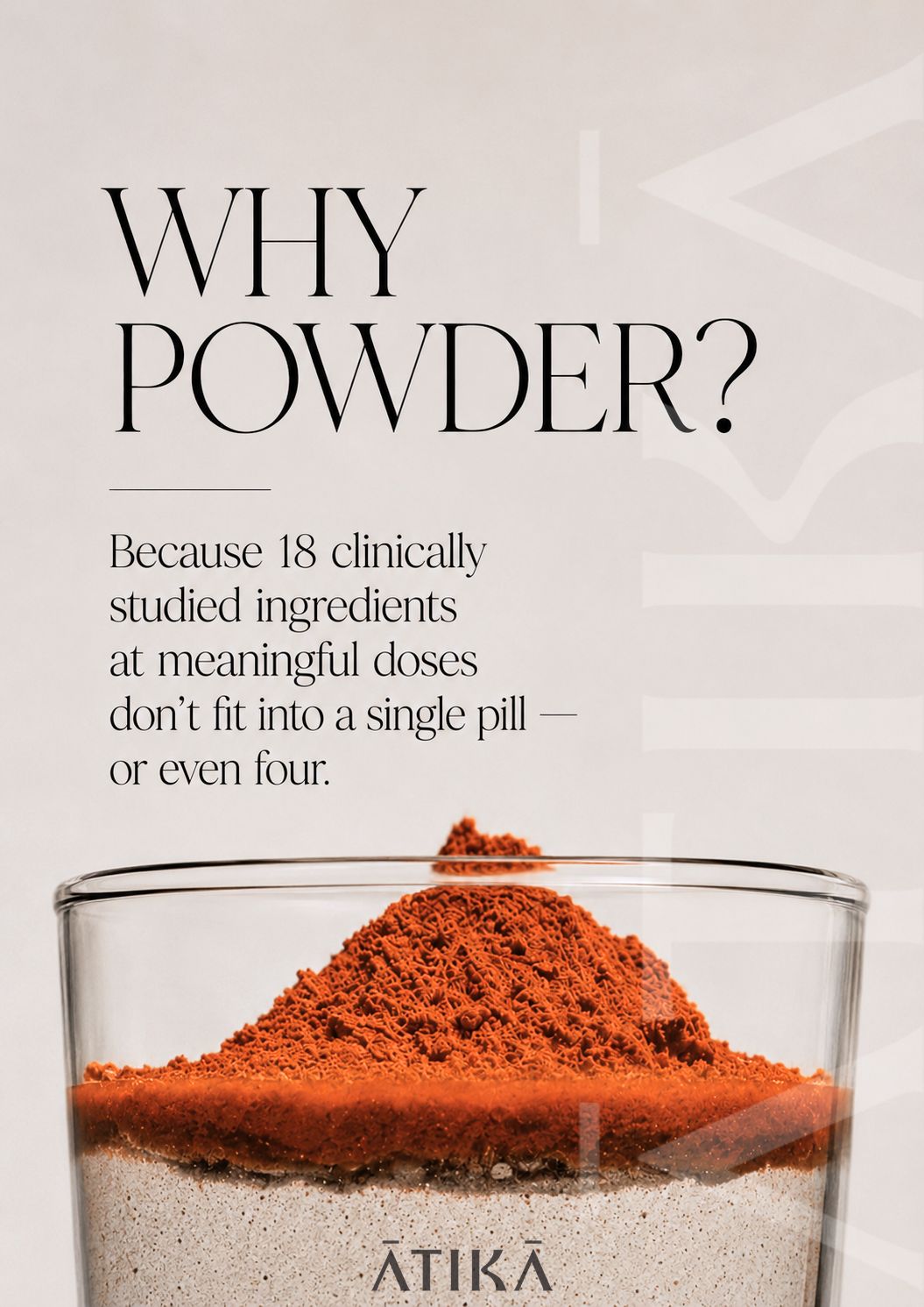 Glass container with red powder and text about clinically studied ingredients by ATIKA.
